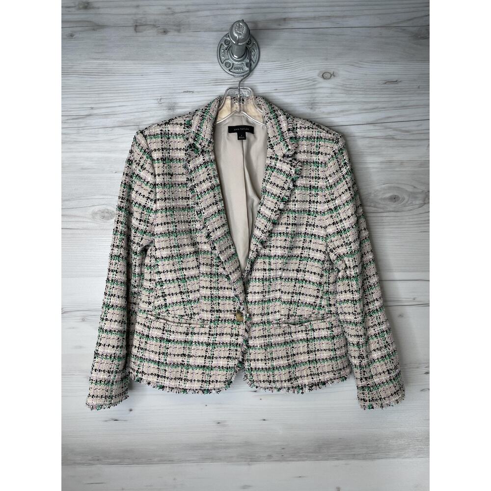 Ann Taylor Jacket Womens 4 Cream Green Tweed Boucle Blazer Fringe Lined Cropped - Picture 1 of 10